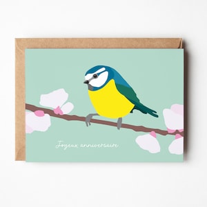 Vogel-Geburtstagskarte, Blumenkarte, Meisenillustration, Frühlingskarte, Alles Gute zum Geburtstag