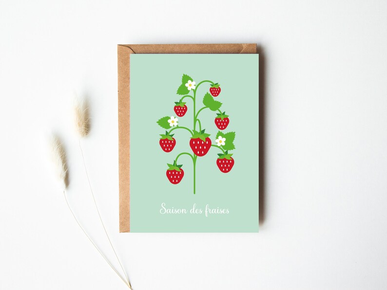 Carte fraises, illustration de fraises, saison des fraises, carte printemps, carte anniversaire image 1