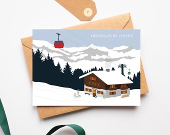 Scheda chalet di montagna, paesaggio invernale, montagne innevate, cartolina Saint Gervais, Alta Savoia — Alpi, Massiccio del Monte Bianco