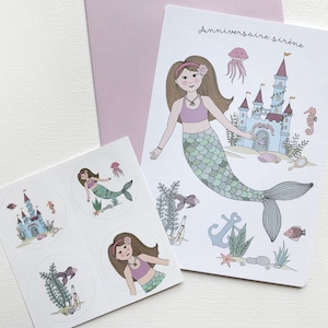 Carte invitation anniversaire et autocollants sirène, anniversaire fille