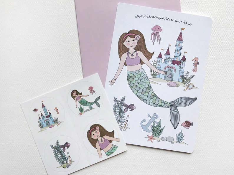 Carte invitation anniversaire et autocollants sirène, anniversaire fille image 1
