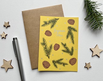 Silver stars card, illustration of fir branches and nuts, yellow background, happy holidays, merry Christmas, greeting card