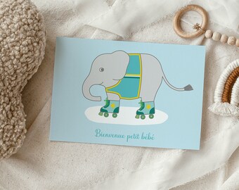 Carte naissance bébé garçon, bienvenue petit bébé, carte petit éléphant