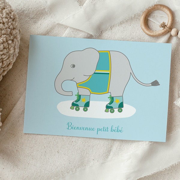 Carte naissance bébé garçon, bienvenue petit bébé, carte petit éléphant