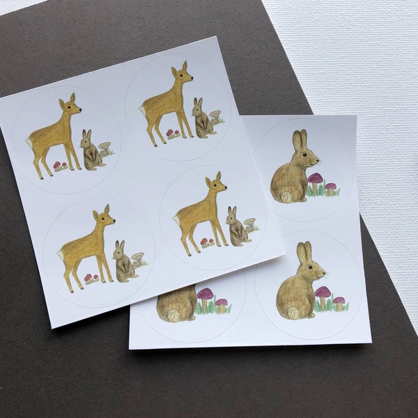 Autocollants animaux de la forêt, stickers ronds, planches autocollants avec un chevreuil, un lapin et des champignon