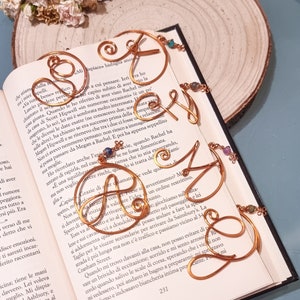Handmade personalized name initial letter bookmark in wrought copper wire with colored pendant