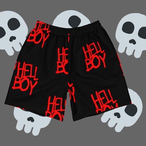 May include: Black athletic shorts with a red "Hell Boy" graphic print repeated all over the fabric.