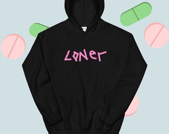 May include: Black hooded sweatshirt with a pink "LONER" graphic printed on the front.