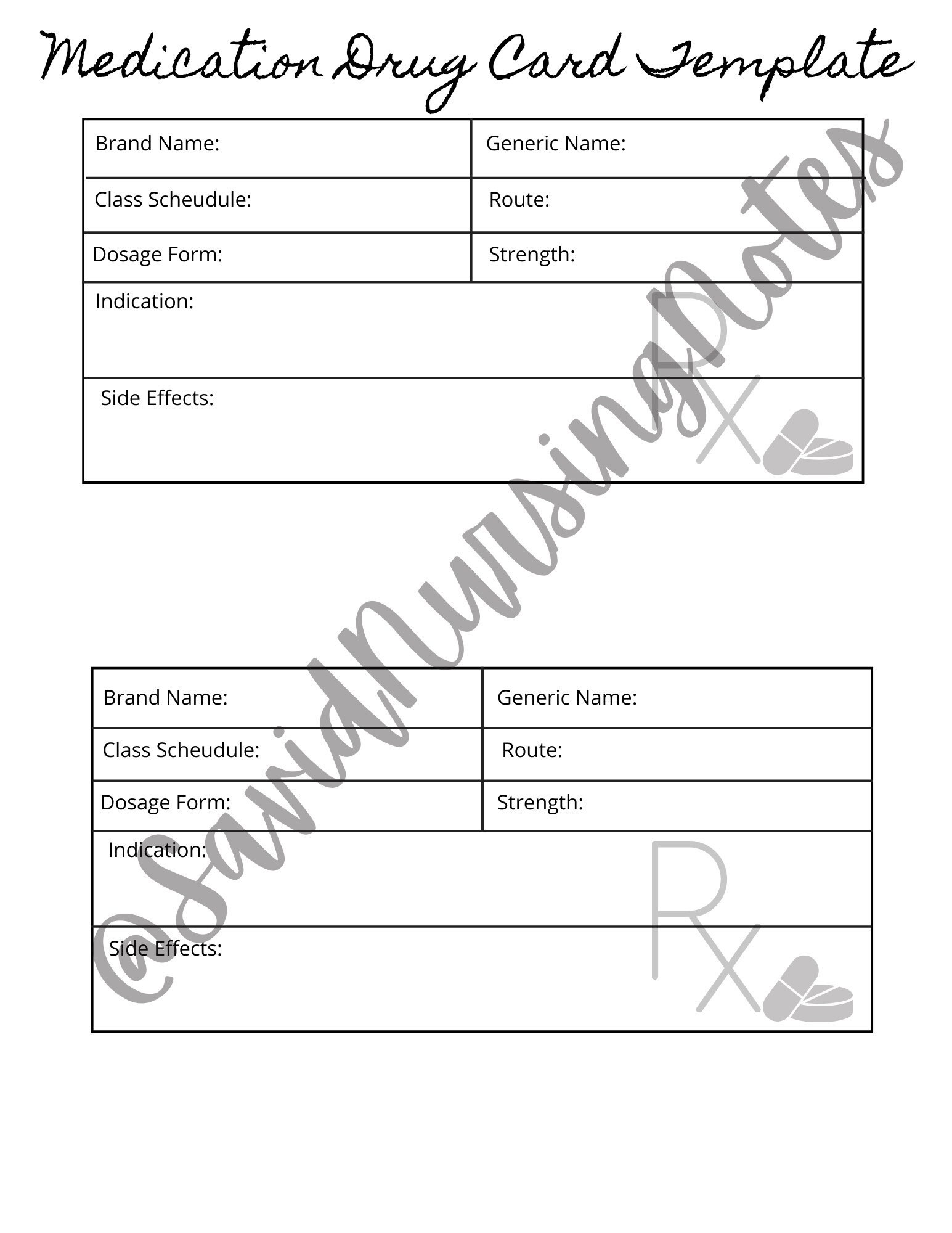 21 Laminated Medication Drug Card Flashcards  Etsy Ireland With Regard To Medication Card Template