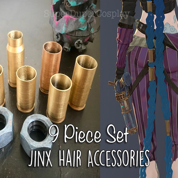 Pinces à cheveux d'inspiration Jinx + accessoires - Ensemble complet de 9 pièces pour perruque de cosplay bleue. Déguisement Arcane LoL imprimé et peint en 3D