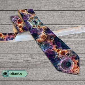 Peut inclure: Une cravate arborant un motif abstrait et vibrant composé de formes organiques et circulaires interconnectées dans des tons de violet profond, d'orange et de bleu. Le design évoque des structures cellulaires microscopiques aux textures variées.