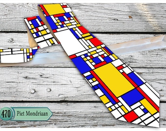 Krawatte mit einem abstrakten modernen Gemälde, Restaurierte Kunst von Piet Mondriaan. Mode gedruckte Herren Krawatte,