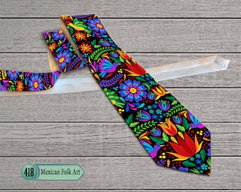 Mexican Folk Art Floral Necktie  Vibrant Colorful Pattern Mens Tie