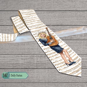 May include: A necktie featuring a beige background with a black musical score print. The center displays a colorful illustration of a blonde individual wearing a white cowboy hat, a dark blue jacket, and a skirt, while holding a brown acoustic guitar.
