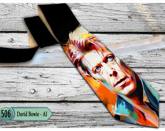 David Bowie - AI pop art and psychedelic art illustartion, Men's necktie. Free Shipping