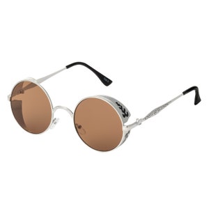 Silver Frame Brown Lenses and Black  Engraving Steampunk Sunglasses Goggles Retro Men Womens Gothic Style Circle UV400 Glasses Eyewear