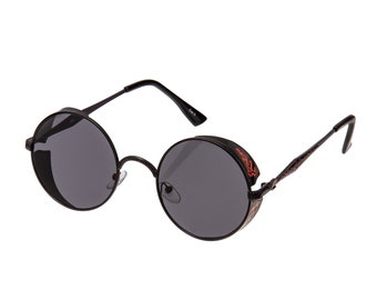 Schwarz mit roter Gravur Steampunk Sonnenbrille Goggles Retro Herren Damen Gothic Style Kreis UV400 Brille Brille