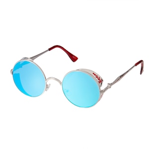 Silver with Red Engraving Steampunk Sunglasses Goggles Retro Men Womens Gothic Style Circle UV400 Glasses Eyewear