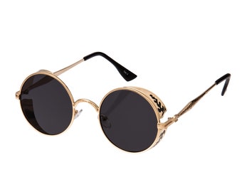 Gold Frame Black Gravure Steampunk Lunettes de soleil Lunettes de soleil Rétro Hommes Femmes Style Gothique Cercle UV400 Lunettes Lunettes