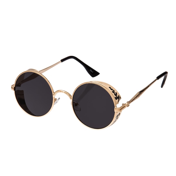 Gold Frame Black Gravure Steampunk Lunettes de soleil Lunettes de soleil Rétro Hommes Femmes Style Gothique Cercle UV400 Lunettes Lunettes