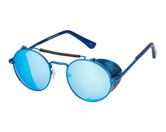 Blue Mirrored Steampunk Deep Blinder Sunglasses Retro Women Mens Round Goggles Glasses UV400