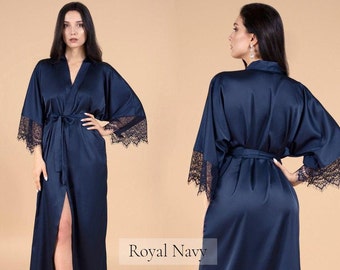Personalised Silk Dressing Gown, Silk Robe, Long Dressing Gown Navy Blue Custom Embroidery Bridesmaid Kimono Robe Set Plus Size Lace Womens
