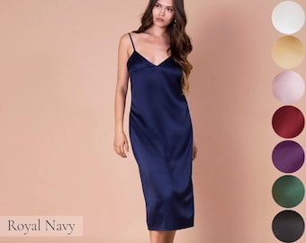 Navy Blue Satin Nightgown • Silk Slip Dress • Silk Dress • Summer Dress • Long Plus Size Night Dress • Satin Womens Chemise