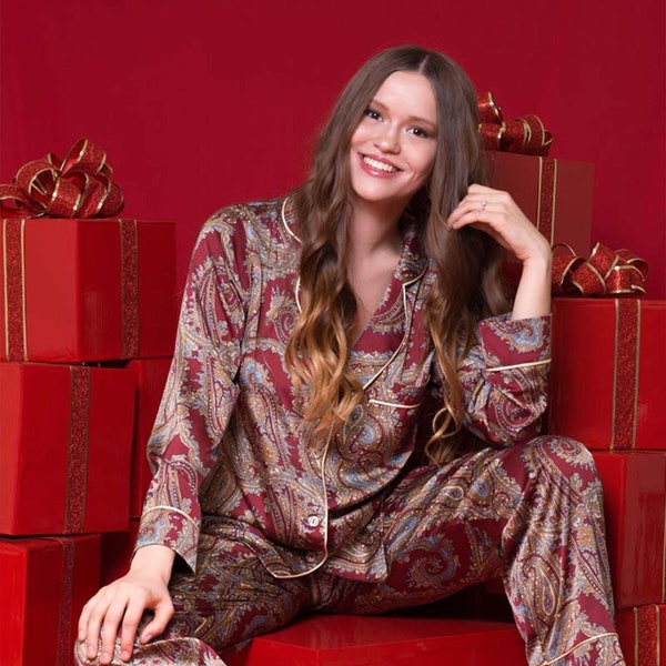 Silk Pyjamas, Silk Pajamas for Women, Satin Pajama Set, Personalised Custom PJs Satin Long Sleeve PJs Button Up Pajamas Sets Red Burgundy