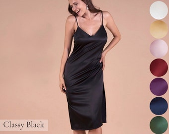 Black Silk Nightgown Slip • Gift for Her • Satin Long Bridesmaid Night Dress • Luxurious Ladies Nightwear • Womens Plus Size Sleepwear
