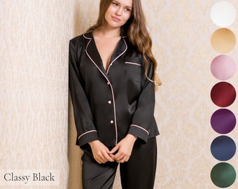 Silk Pajama Set • Bridesmaid Pyjamas Women • Satin Bridal Party Pajamas Hen Party Pyjamas Squad Bride Pajamas Black Pink Getting Ready PJs