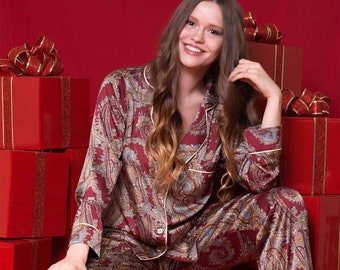 Zijden pyjama's, zijden pyjama's voor dames, satijnen pyjamaset, gepersonaliseerde aangepaste PJ's satijnen pyjama's met lange mouwen en knoopsluiting rood bordeaux