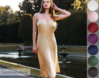 Gold Bridesmaid Silk Dress  • Luxurious Satin Nightgown • Luxurious Gift for Her • Long Nightwear Chemise • Plus Size Womens Sleepwear