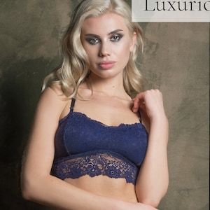Sujetador bralette de encaje, conjunto de lencería de encaje, conjunto de lencería bralette, triángulo rojo, línea larga, transparente, azul marino, regalo para ella, ropa interior transparente