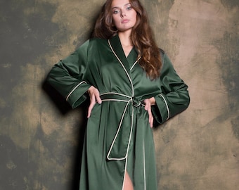 etsy silk dressing gown Silk Kimono Robe, Satin Silk Robes for Women Bridesmaid Silk Dressing Gown Long Silk Robe, Plus Size Satin Robe Maxi Emerald Green Nightwear