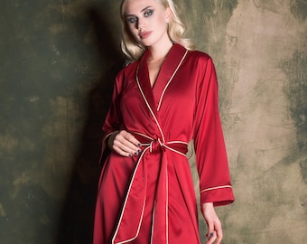 Christmas Robe, Silk Robe, Christmas Dressing Gown, Silk Dressing Gown Womens, Gift for Her, Long Dressing Gown Red Burgundy Satin Robe Set