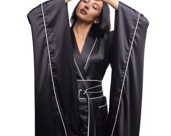 Silk Dressing Gown, 19 Momme Silk Robe, 100% Silk Kimono, Kimono Dressing Gown, Wide Sleeve Robe, Long Dressing Gown, Japanese Kimono