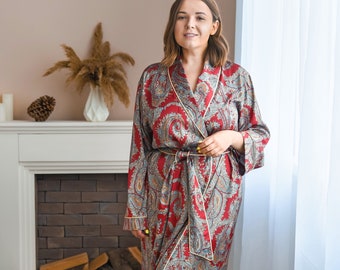 Silk Dressing Gown Women, Long Silk Robes for Women Printed Paisley Kimono Robe Set Satin Burgundy Plus Size Dressing Gown Nightwear