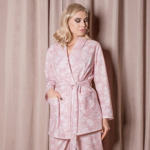 Kimono Pyjama Set • Long Pink Floral Cotton Ladies Nightwear • Unique Gift for Her • Robe & Pants Pajamas • Plus Size Womens Sleepwear PJs
