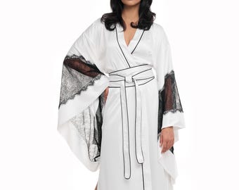 Silk Bridal Dressing Gown, 100% Silk Robe, Silk Dressing Gown, Long Bridal Robe, White Kimono Dressing Gown, Kimono Robe, Japanese Kimono