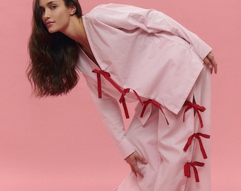 Pink Pajamas, Cotton Pyjamas, Pink Cotton Pyjama Set, Womens Pyjamas, Tie Up Pyjamas, Tie Up Pajamas, Gift for Her
