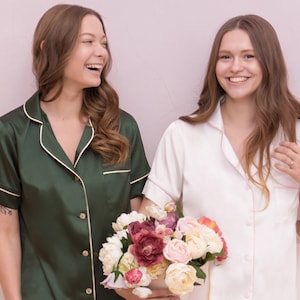 Brautjungfer Pyjamas, Brautjungfer Pyjamas, Grün, Weißer Pyjama Set für Frauen Kurze Satin Braut Braut Pyjama Set Hochzeit PJs Damen