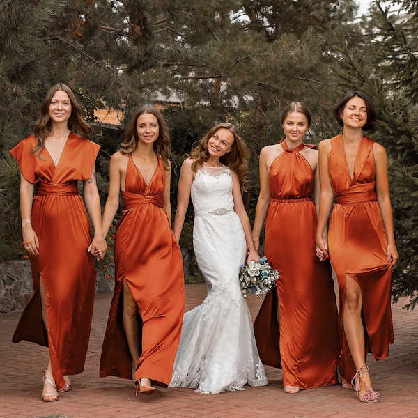 Gebrannte Orange Brautjungfer Kleid, Multiway Kleid, Satin Brautjungfer Kleid, Infinity Kleid, Rost Langes Kleid Herbst Herbst Kleid formeller Abend Abschlussball