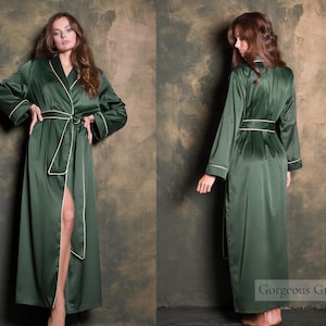 Silk Dressing Gown, Silk Robe, Christmas Dressing Gown, Holiday Robe, Long Robe Maxi Green Satin Robe Set Womens Christmas Robe Gift for Her