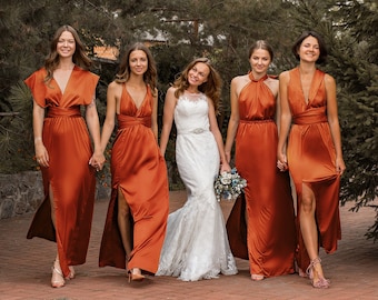 Brautjungfernkleid in gebranntem Orange, Multiway-Kleid, Brautjungfernkleid aus Satin, Infinity-Kleid, rostfarbenes langes Kleid, Herbstkleid, formelles Abendkleid