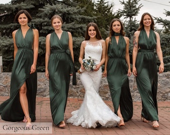Bridesmaid Dress, Bridesmaid Dresses, Satin Bridesmaid Dress, Silk Dress, Infinity Dress, Green Long Multiway Prom Dress Wrap Infinity Dress