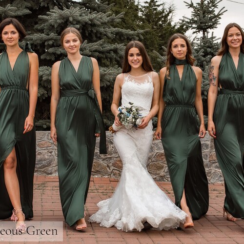 Green Infinity Bridesmaid Dress • Silk Dress • Long Multiway Prom Dress • Wrap Dress • Infinity Dress • Satin Transformer Convertible Dress