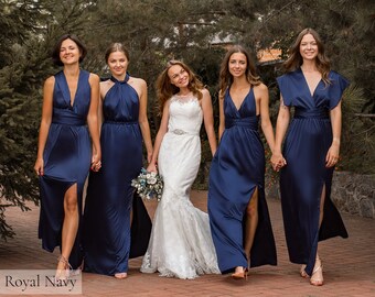 Silk Bridesmaid Dress • Navy Blue Satin Infinity Dress • Prom Dress • Silk Dress • Convertible Wrap Dress • Long Transformer Multiway Dress