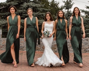 Bridesmaid Dress, Multiway Dress, Infinity Dress, Satin Bridesmaid Dress, Silk Bridesmaid Dress Green Long Evening Formal Bridesmaid Dresses