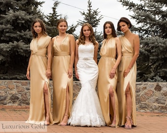 Multiway Gold Bridesmaid Dress • Long Silk Dress • Infinity Dress  • Prom Dress • Wrap Transformer Beige Champagne Satin • Convertible Dress
