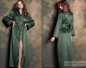 Silk Dressing Gown, Silk Robe, Christmas Dressing Gown, Holiday Robe, Long Robe Maxi Green Satin Robe Set Womens Christmas Robe Gift for Her